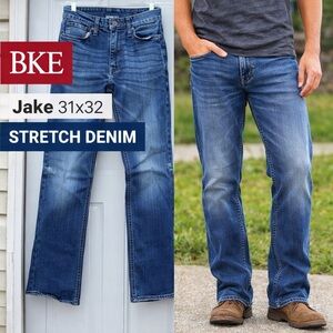 BKE Jake Jeans Mens 31x32 Stretch Blue Straight Denim Buckle Casual